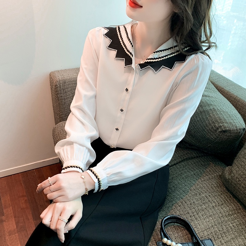 Áo Sơ Mi Tay Dài Cổ Thủy Thủ Màu Trắng Đen Thời Trang Xuân Thu Phong Cách Hàn Quốc Cho Nữ