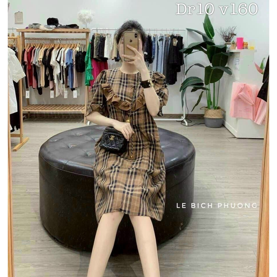 đầm baby kate sọc caro cổ tròn ngắn tay