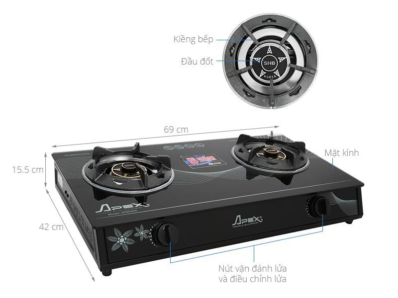 Bếp gas đôi Apex APB0816 hàng trưng bày+Tặng dây gas- Đầu đốt bằng đồng thau độ bền cao