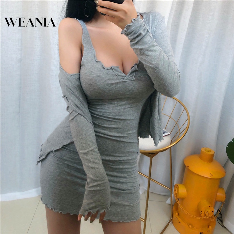 Set Đầm Hai Dây Và Áo Khoác Cardigan Mỏng Thời Trang Gợi Cảm Thanh Lịch Cho Nữ