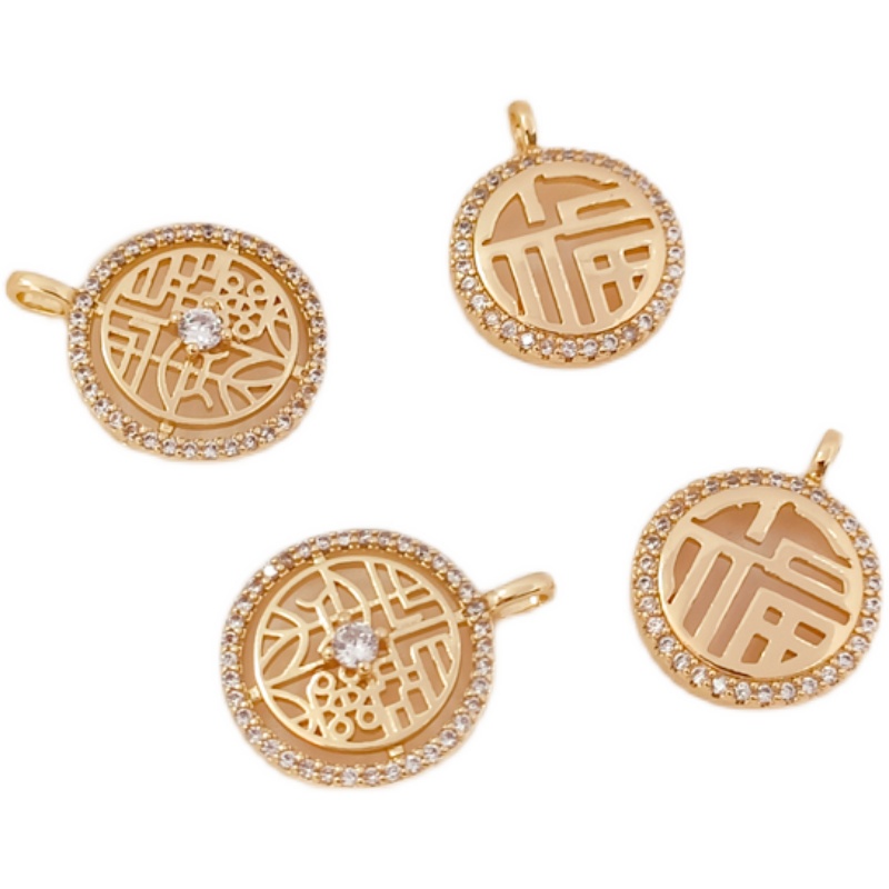 Mặt Dây Chuyền Hình Tròn Rỗng Bằng Đồng 14K Đính Đá Zircon Màu Vàng Đồng Hình Nhân Vật Trung Quốc