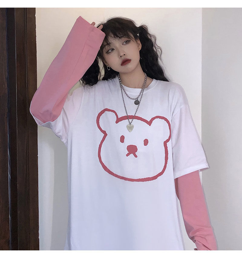 Áo Thun Tay Dài Giả Hai Lớp In Hình Gấu Phong Cách Hàn Quốc Thời Trang Mùa Thu 2020 Cho Nữ