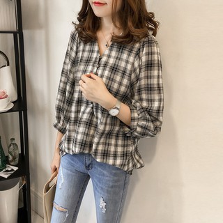 Áo sơ mi kiểu tay lửng đính 7 cúc áo phối kẻ sọc ca rô thời trang cho nữ