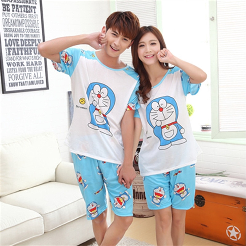 Bộ đồ ngủ tay ngắn in hình Doraemon dành cho cặp đôi