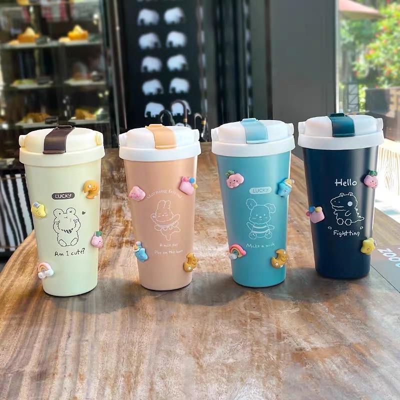 Ly giữ nhiệt 500ml, bình đựng nước giữ nhiệt cute có ống hút, dây đeo và sticker