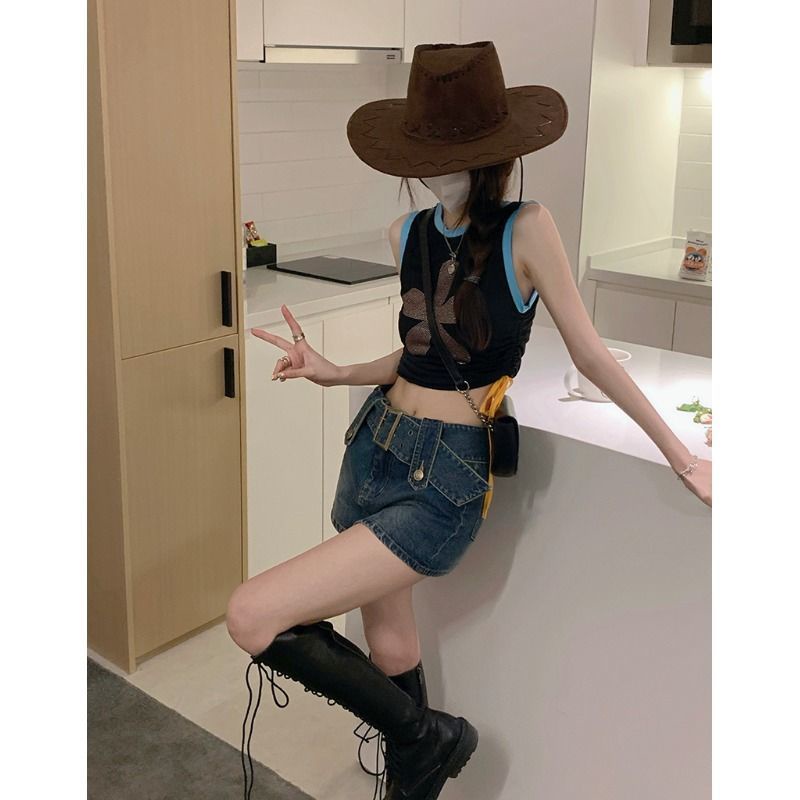 Jiashucheng Chân Váy Denim Lưng Cao Phong Cách Retro Cho Nữ