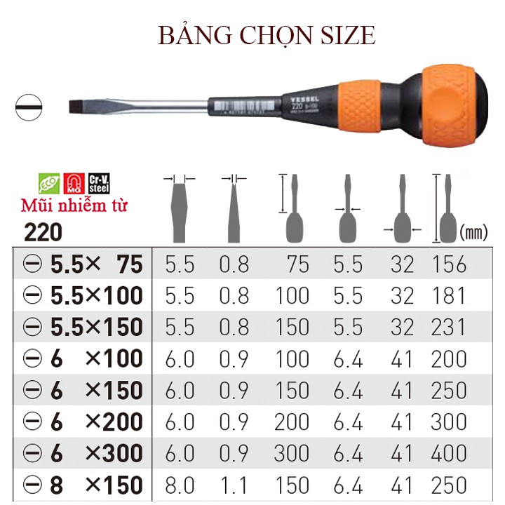 Tô vít mũi dẹt tay cầm kiểu bóng No.220 Vessel (Nhật bản)