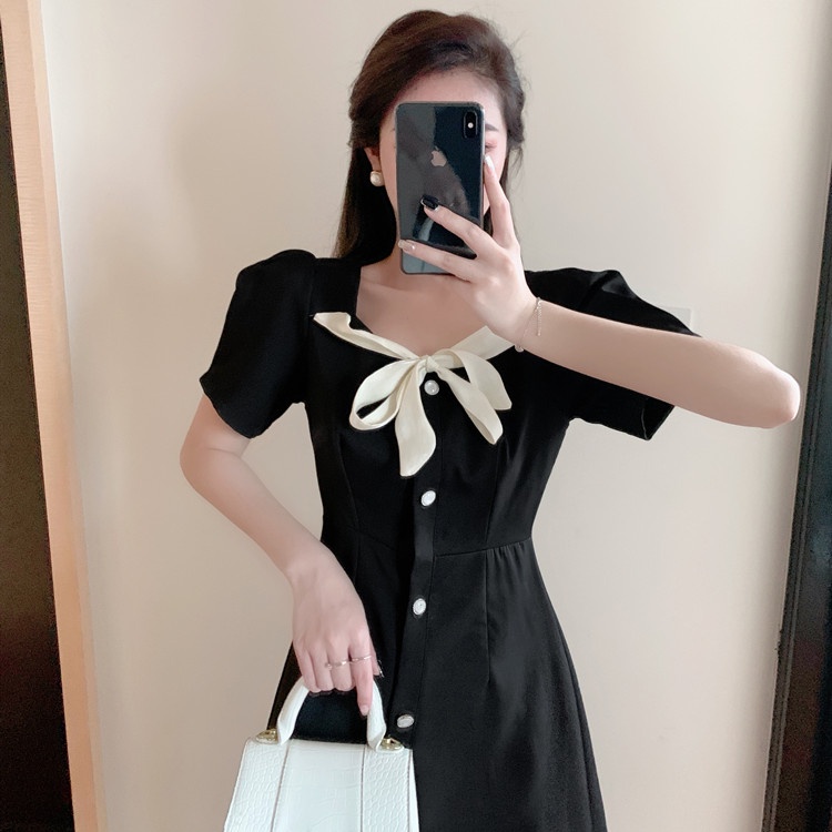 Đầm Dáng Dài Ôm Eo Đính Nơ Xinh Xắn Thời Trang Hàn Quốc Cho Nữ