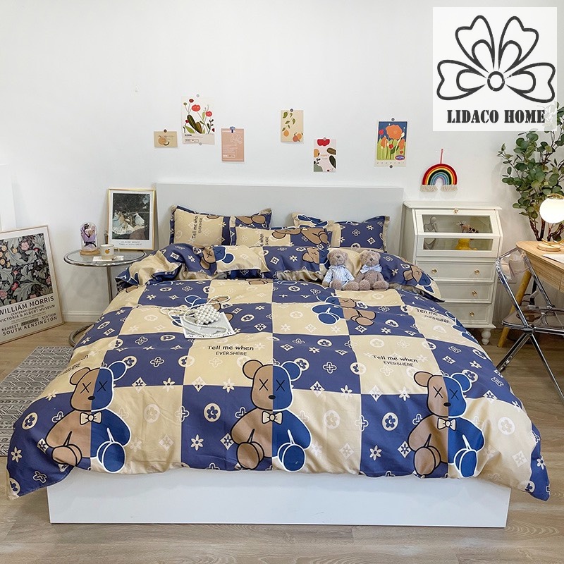 Bộ chăn ga gối cotton poly Lidaco decor phòng ngủ vintage - Bear rich (SP001472)
