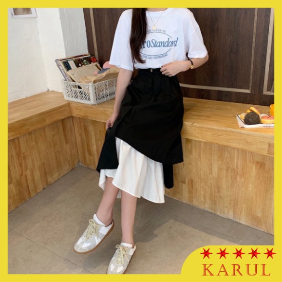 Chân váy dài ulzzang xòe vạt lệch phối đen trắng-Chân váy xoè vạt lệch tầng phong cách hàn quốc | BigBuy360 - bigbuy360.vn