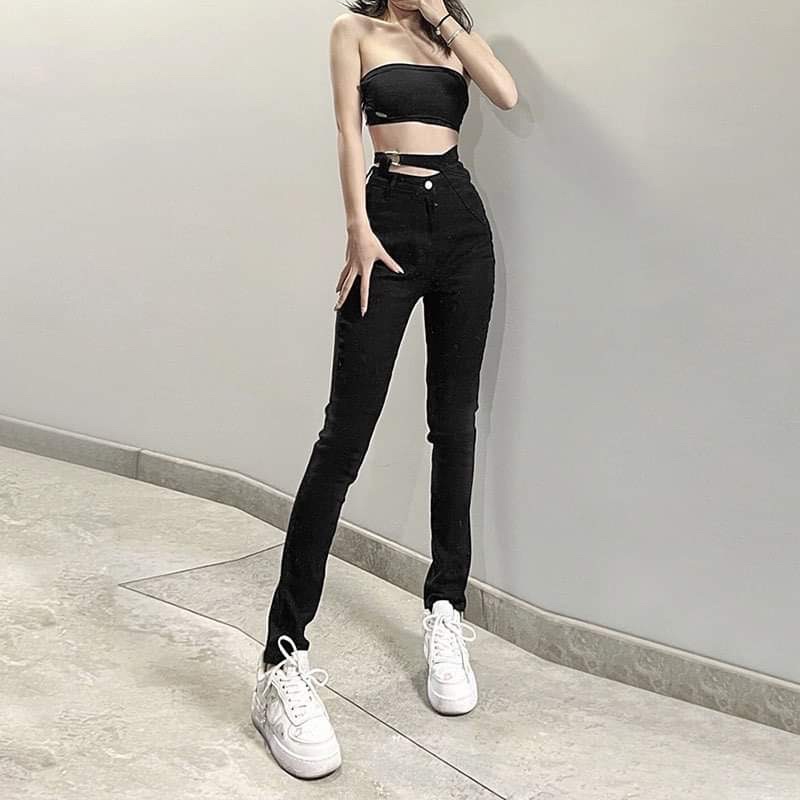 Quần Jeans Đen Form Skinny Hở Eo Phá Cách Phong Cách Streetstyle Hot Trend 2022