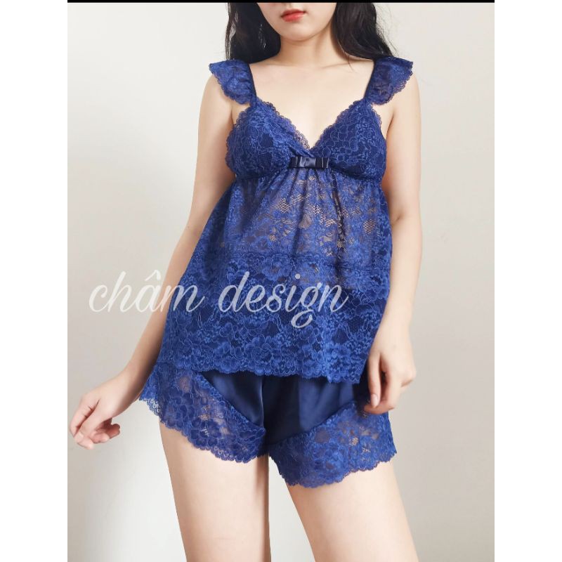bộ 2 dây ren xanh tím than áo nguyên ren mềm mịn, quần là lụa satin. Hàng thiết kế độc quyền❤️