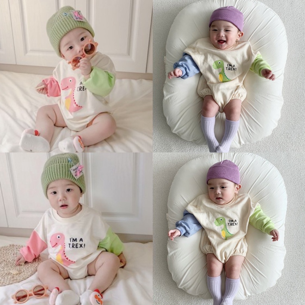 Áo liền thân tay dài in hình khủng long hoạt hình cho bé