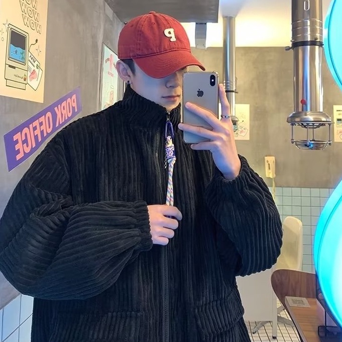 Áo Khoác Cổ Đứng Nhiều Túi Màu Trơn Phối Khóa Kéo Phong Cách Đường Phố Hàn Quốc Cá Tính Cho Nam