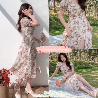 Váy hoa nhí cổ tim xẻ tà, Đầm đự tiệc hoa nhí maxi