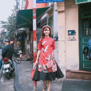Quynhphuong1417 - Áo dài cách tân hạc đỏ lụa