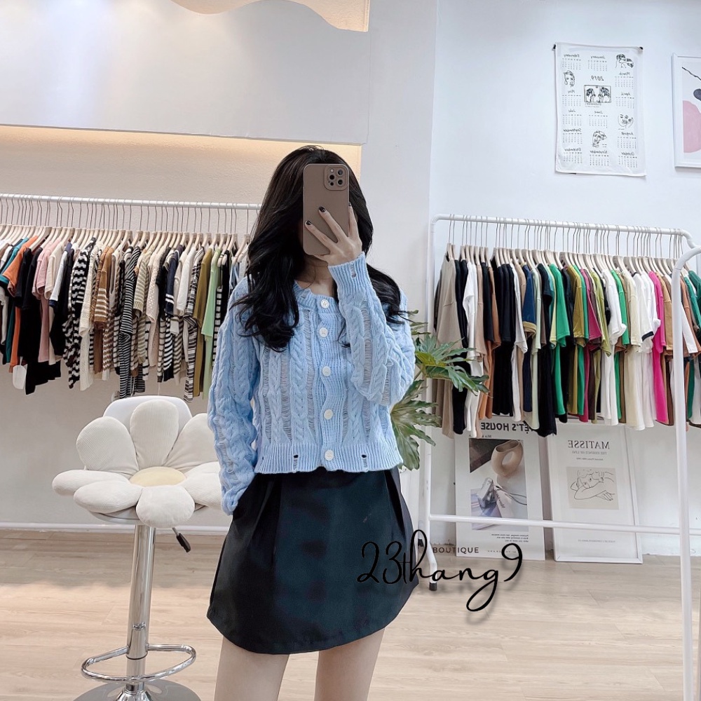 Áo len nữ áo khoác len nữ dài tay cổ tròn khuy trước cardigan màu đen màu trắng phong cách hàn quốc ulzzang 23thang9