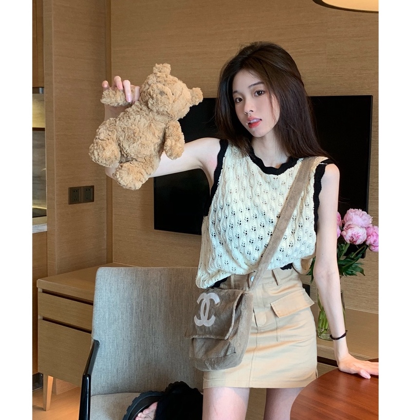 Porozi  Áo dệt kim  sát nách cổ tròn phong cách Hàn Quốc cho nữ