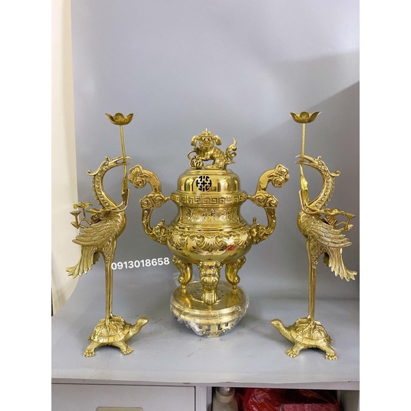 Bộ đỉnh hạc thờ lư thờ cao 60cm đỉnh hạc bằng đồng bộ đồ thờ tam sự.