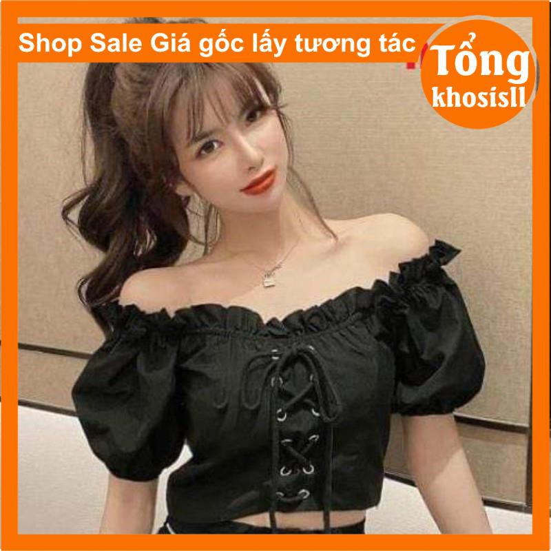 [ẢNH THẬT] áo croptop nữ tay bồng có dây nơ ,trễ vai oze