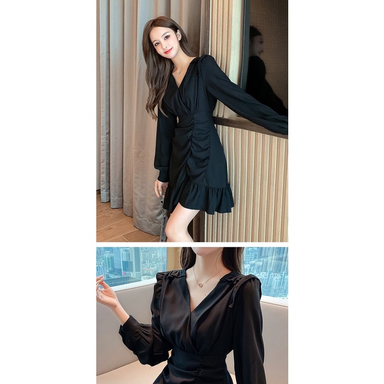 Đầm ôm eo màu đen phong cách Pháp thời trang mùa thu cho nữ