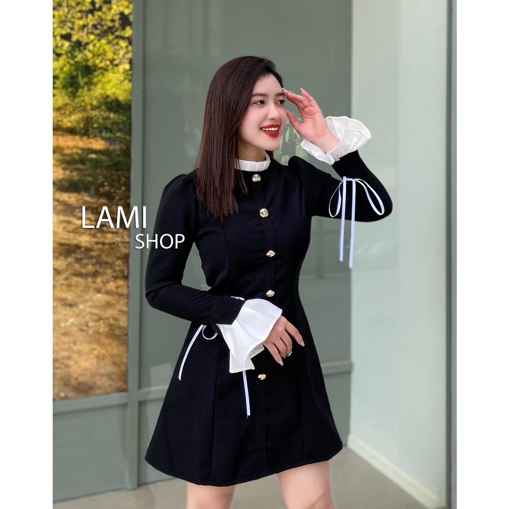 Đầm váy nữ tay dài phối bèo, cổ tròn đính nút form dáng xòe sang chảnh dành cho các nàng đi dự tiệc, dạo phố | BigBuy360 - bigbuy360.vn