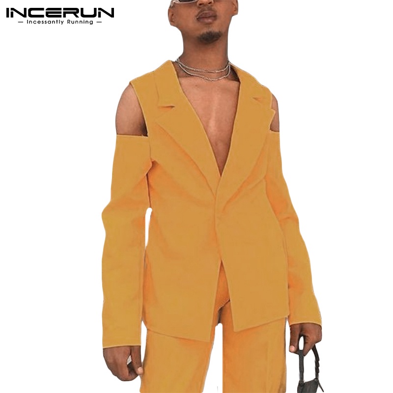 Áo blazer INCERUN tay dài hở vai màu đơn sắc hợp thời trang cho nam