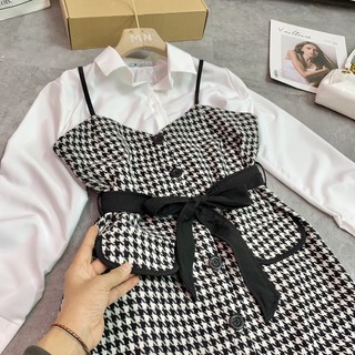 Sét Yếm Dạ Ziczac + Áo Sơ Mi Kèm Đai ( Ảnh thật ở sau ) ❤️