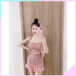 Sét bộ nữ áo nhún + chân váy nhún ôm body