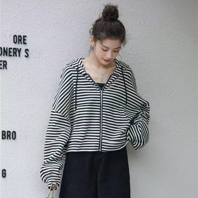 IELGY  Áo sweatshirt Dáng Rộng Tay Dài Kẻ Sọc Kích Thước Lớn Thời Trang Cho Nữ