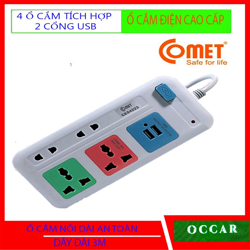 Ổ Cắm Điện Cao Cấp Comet gồm 4 Ổ Cắm  2 Nguồn USB, an toàn, ổn định,ổ cắm điện Comet, ổ cắm đa năng,phích cắm điên Occar