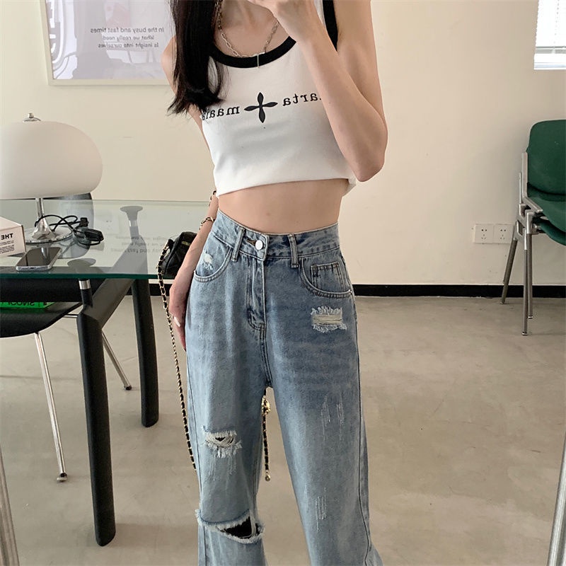 COZOK Quần Jean Ống Rộng Lưng Cao Phối Rách Cá Tính Trẻ Trung