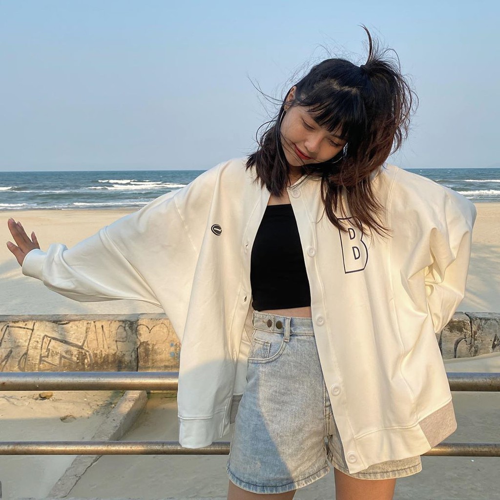 Mẫu Hot Đẹp Lung Linh ❤ Áo Khoác Cardigan Boomber Unisex - Áo Khoác Nỉ Trắng Raglan Phối Be Xám Cúc Cài In Chữ B