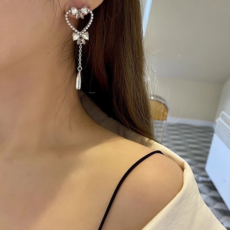 Khuyên Tai Tua Rua Hình Trái Tim/Nơ Đính Đá Zircon Ngọc Trai Tinh Tế Thời Trang Hàn Quốc