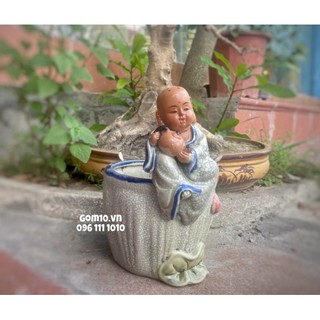 Chậu tượng  bonsai men rạn cổ  chú tiểu rót trà cao 24cm