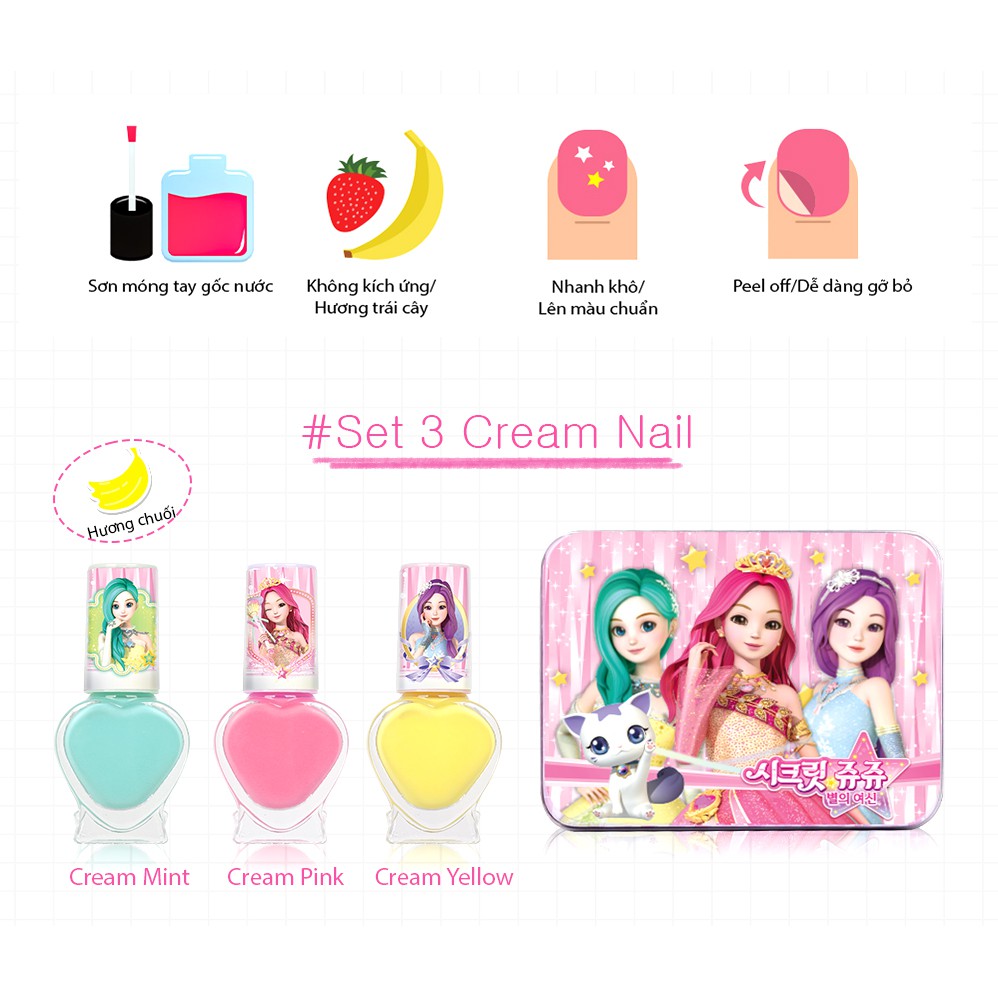 Set 3 sơn móng tay an toàn cho bé Little Bling Secret Jouju Tincase Nail+ 1 hình dán Tatoo Sticker- MADE IN KOREA