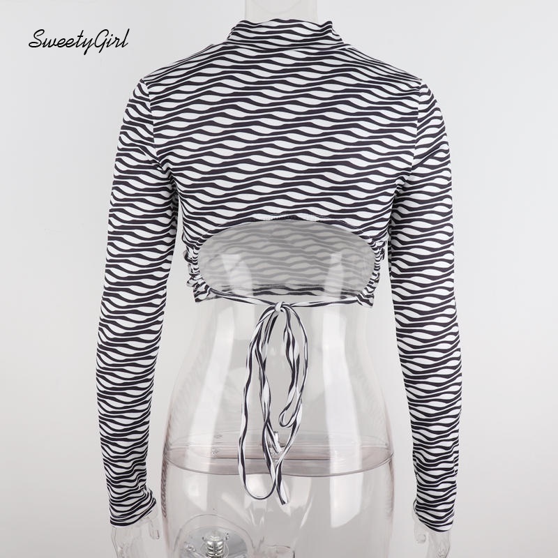 Áo crop top tay dài cổ tròn hở lưng in họa tiết kẻ sọc màu tương phản thời trang cho nữ