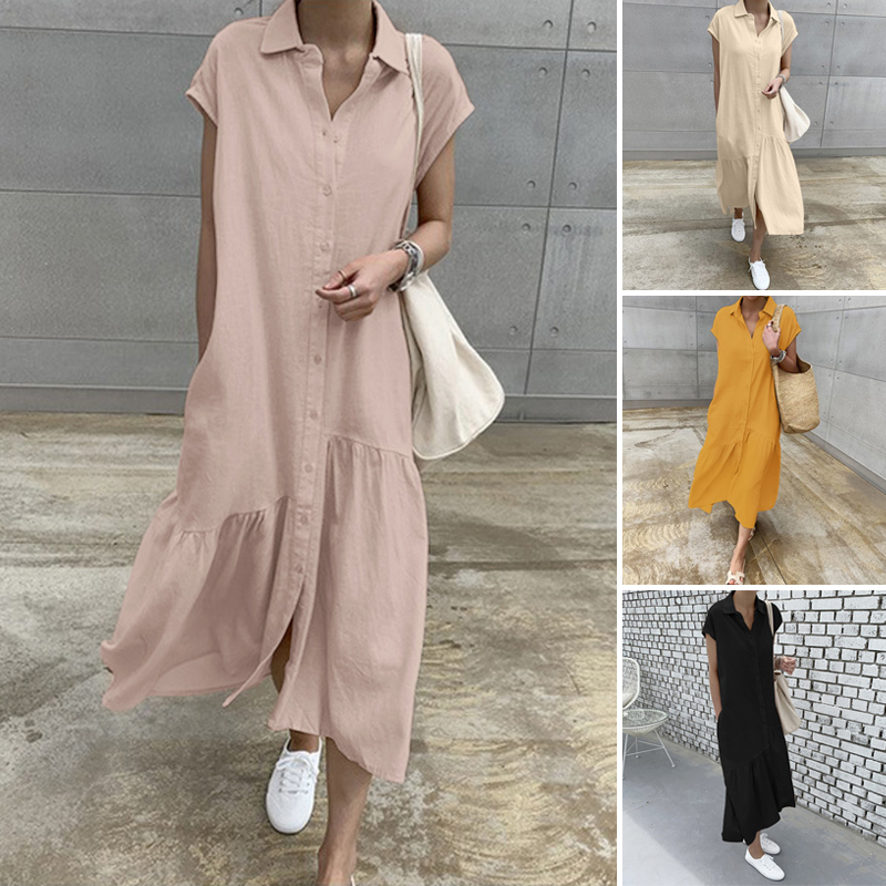 Đầm Maxi ZANZEA Tay Ngắn Có Cổ Gài Khuy Xếp Ly Màu Trơn Đơn Giản Dành Cho Bạn Nữ