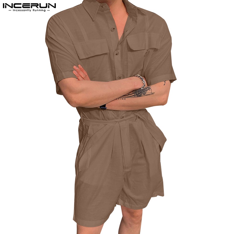 Jumpsuit INCERUN tay ngắn dáng rộng phối túi thời trang cá tính cho nam
