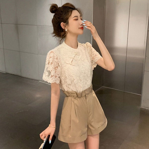 COZOK Áo Sơ Mi Ren Lỗ Tay Ngắn Cổ Đứng Phong Cách Hàn Quốc Dành Cho Nữ