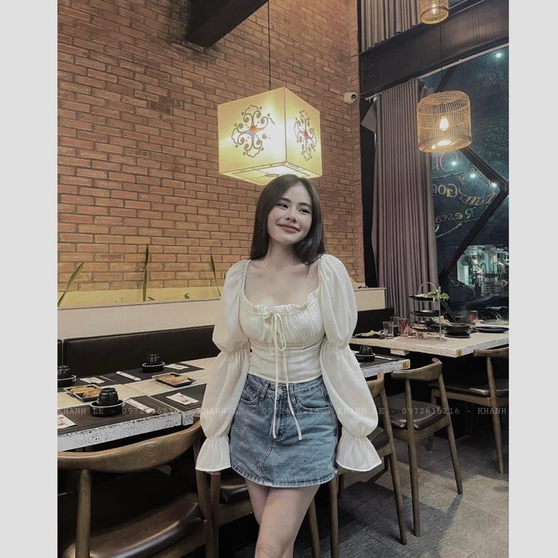 Áo Dài Tay Cổ Vuông Be Xinh