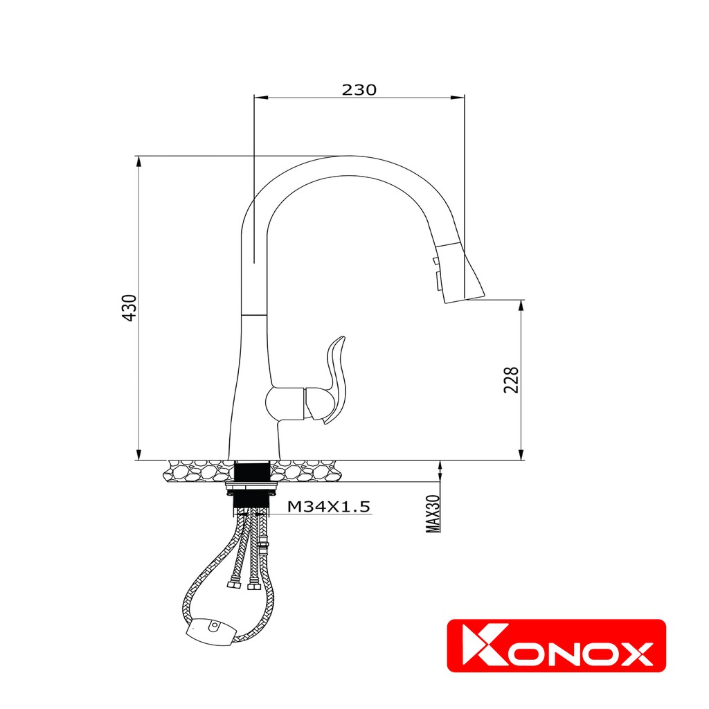 Vòi rửa bát rút dây KONOX KN1902  hợp kim đồng 61% tiêu chuẩn Châu Âu CW617N, bề mặt xử lý công nghệ PVD Chrome 5 lớp