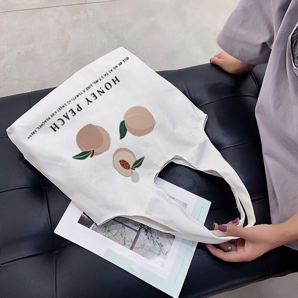 Túi tote Hazin túi vải canvas nữ hoạ tiết quả đào đựng vừa laptop cỡ lớn đeo vai phong cách ulzzang