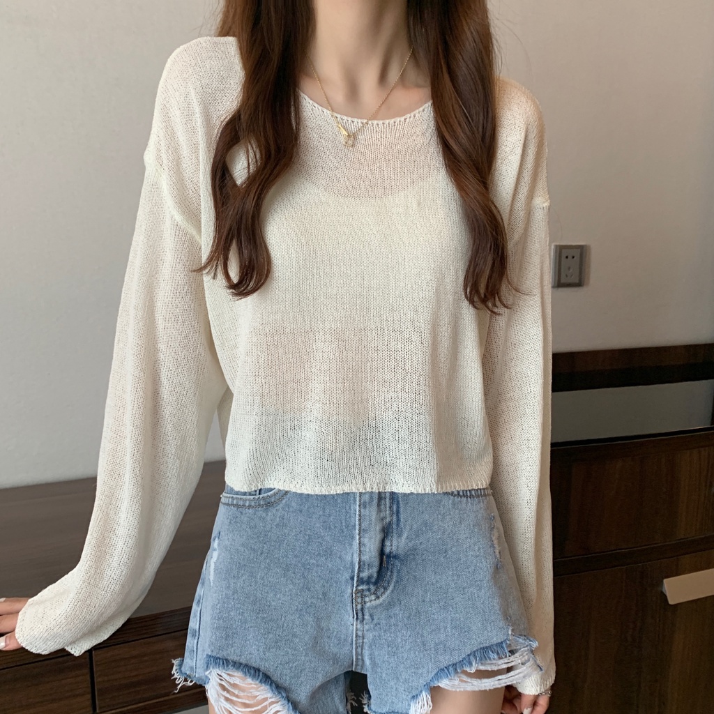 SUXI Áo Dệt Kim Tay Dài Dáng Rộng Màu Sắc Đơn Giản Dễ Phối Đồ Dành Cho Nữ