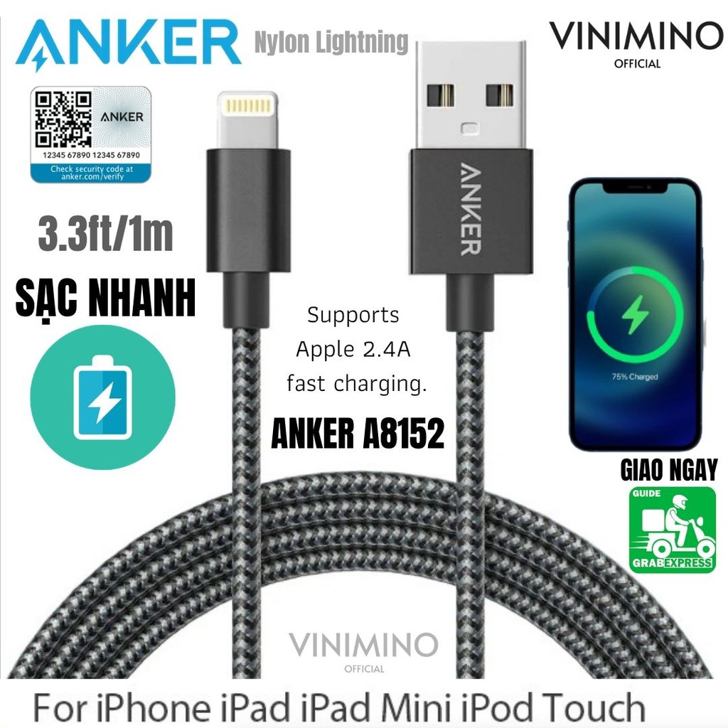 Dây sạc nhanh truyền dữ liệu Iphone Lightning ANKER A8152611 (A8152) - Dài 1m