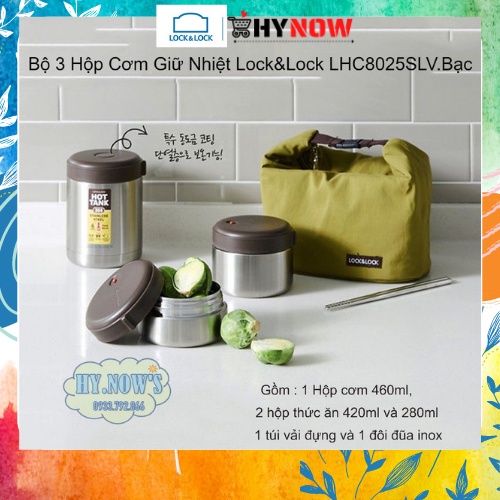 Bộ Hộp Cơm Giữ Nhiệt Lock&Lock Mushroom LHC8025SLV Tiện Lợi Phù Hợp Mang Cơm Cá Nhân Văn Phòng ( 3 Hộp 460-420-280ml)