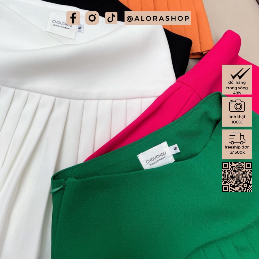 Chân váy nữ dáng ngắn xếp ly cạp to khóa sườn xanh lá, hồng sen, nâu, đen thời trang nữ Alora