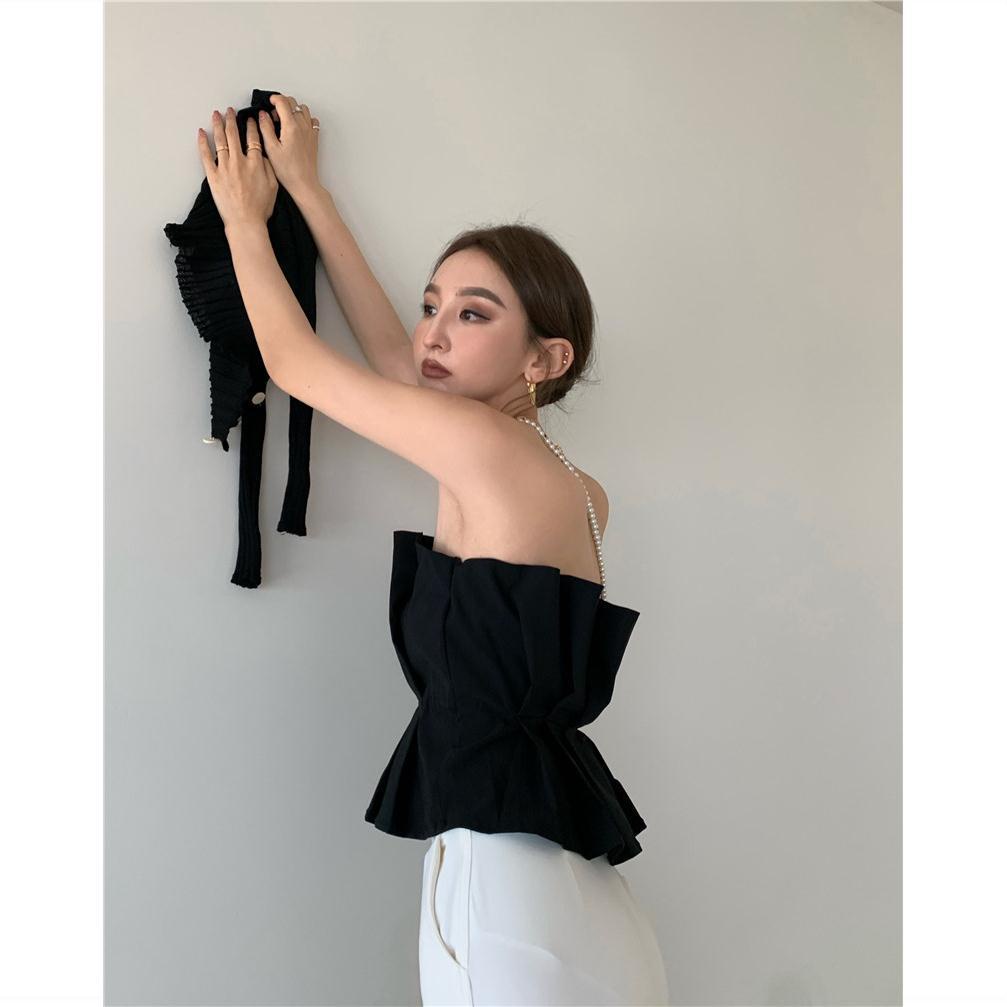 Áo ống ngắn màu đen không dây xếp ly thời trang cao cấp