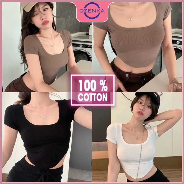 (Sỉ) Áo croptop cổ vuông cộc tay vạt bầu nữ OZENKA , áo thun nữ ngắn ôm body gợi cảm màu đen trắng be freesize dưới 50k
