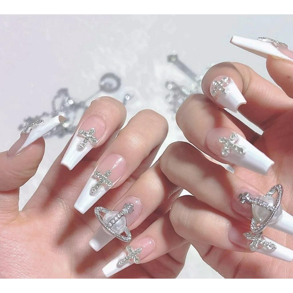 Phụ Kiện Đính Đá Trang Trí Móng Tay 3D Hình Hành Tinh/ Trái Tim/ Chữ Thập Bằng Hợp Kim